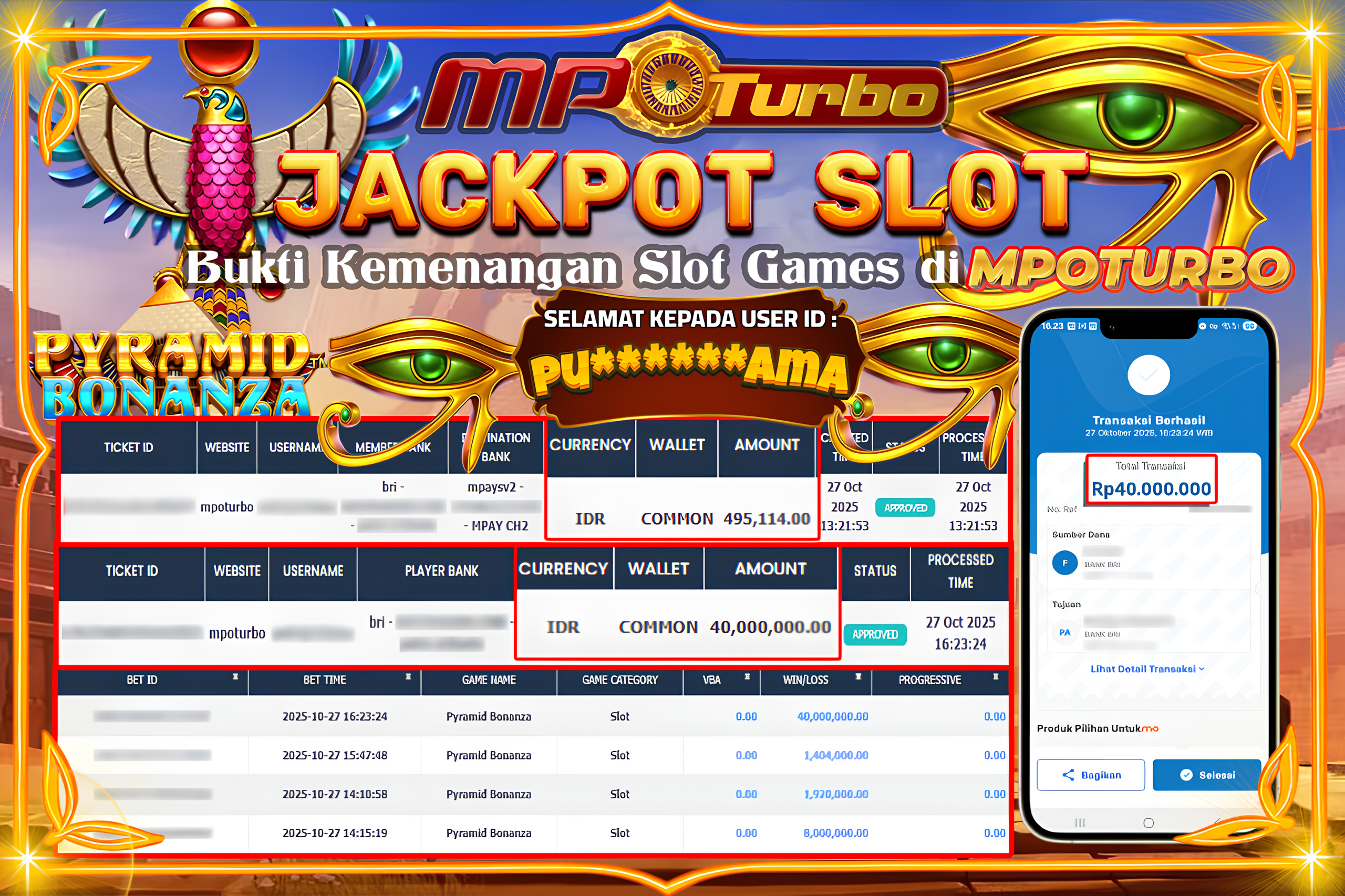 MPOTURBO JACKPOT PYRAMID BONANZA - PRAGMATIC PLAY Rp 40,000,000,00,- LUNAS